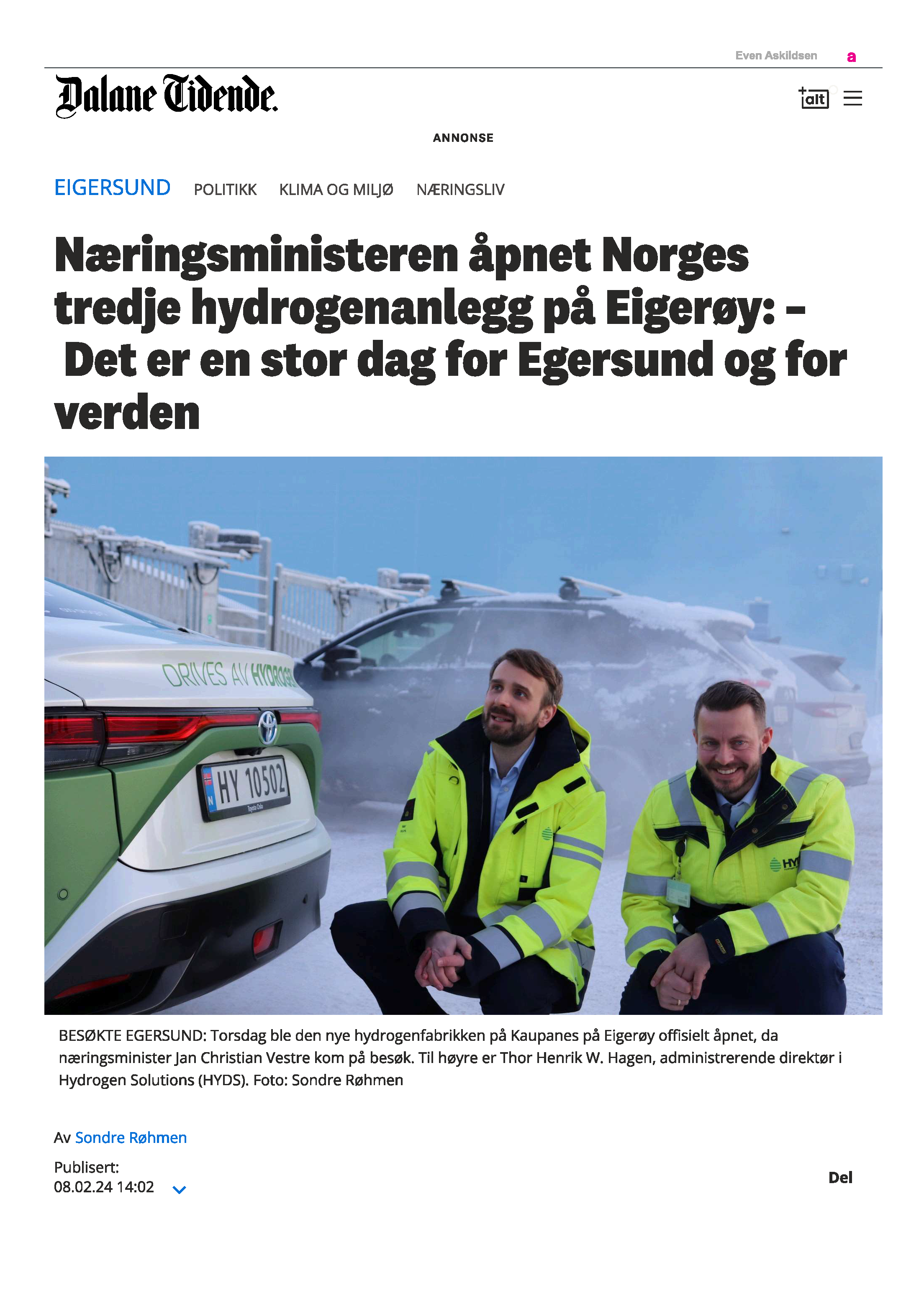 Næringsministeren åpnet Norges tredje hydrogenanlegg på Eigerøy