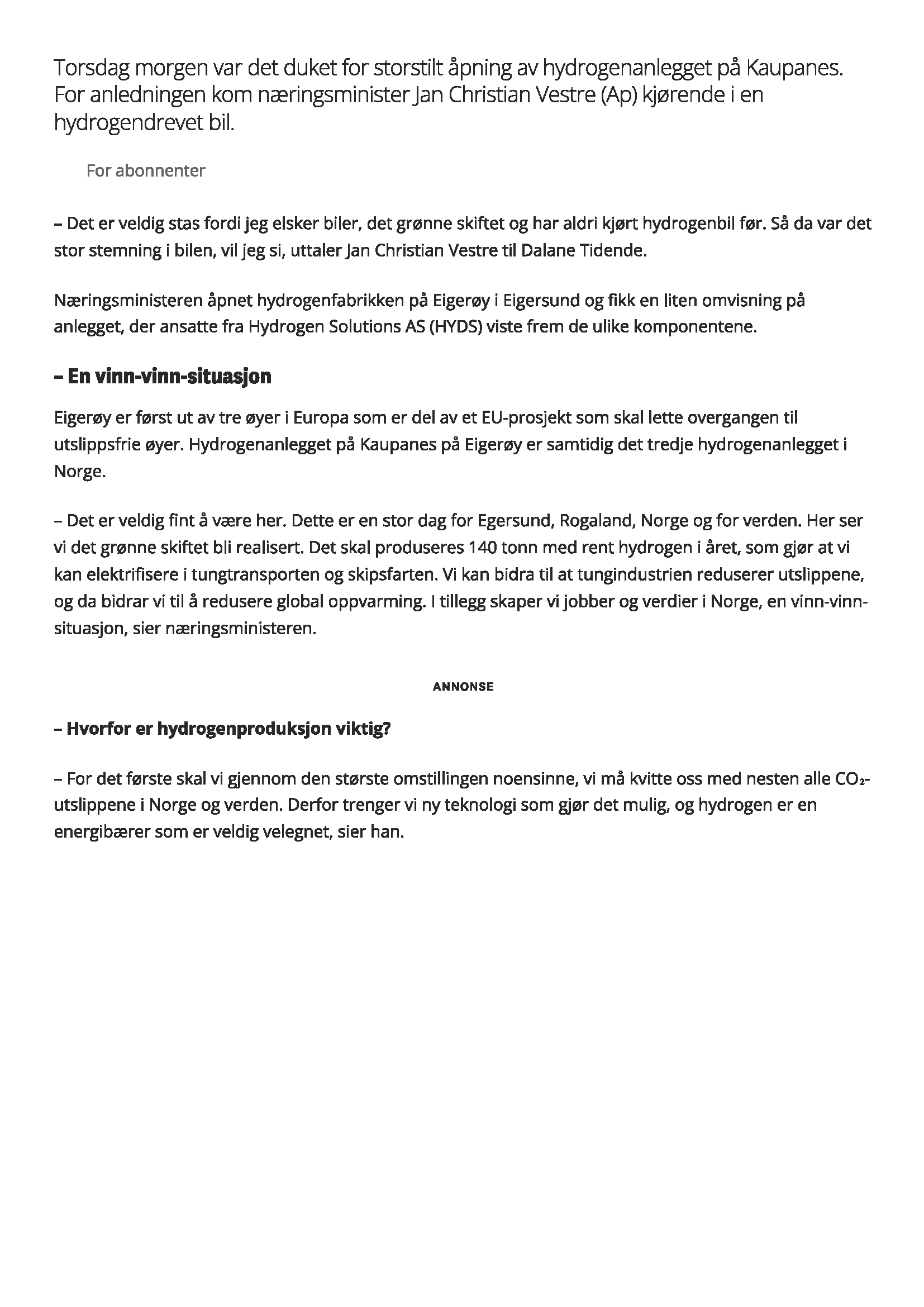 Næringsministeren åpnet Norges tredje hydrogenanlegg på Eigerøy